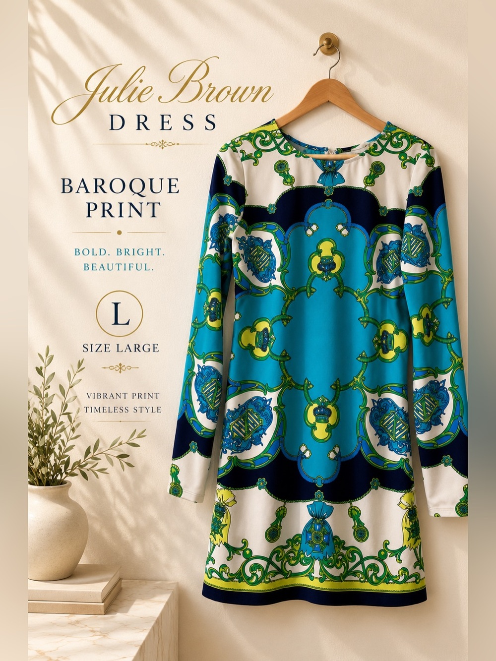 JB by Julie Brown Long Sleeve Baroque Scroll Print Shift Dress Size L